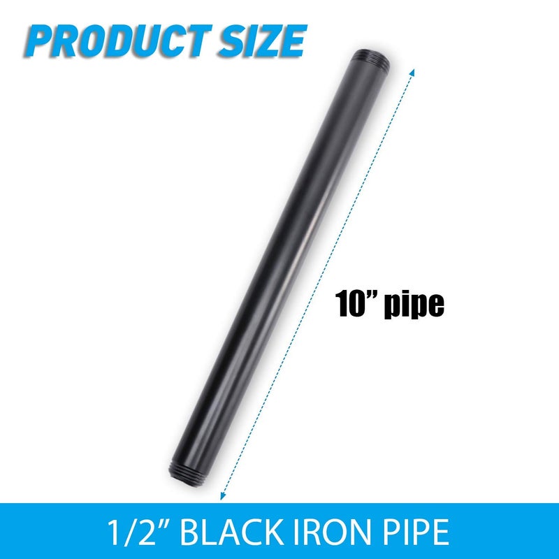 Home TZH 1/2" x 10" Black Painted Iron Pipe, Home TZH 10 Pack Black Paint Finish Threaded Metal Pipe Nipple for DIY Project/Furniture/Shelving Decoration (10, 10") - Image 2